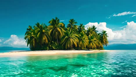 a small island in the middle of the ocean surrounded by palm trees