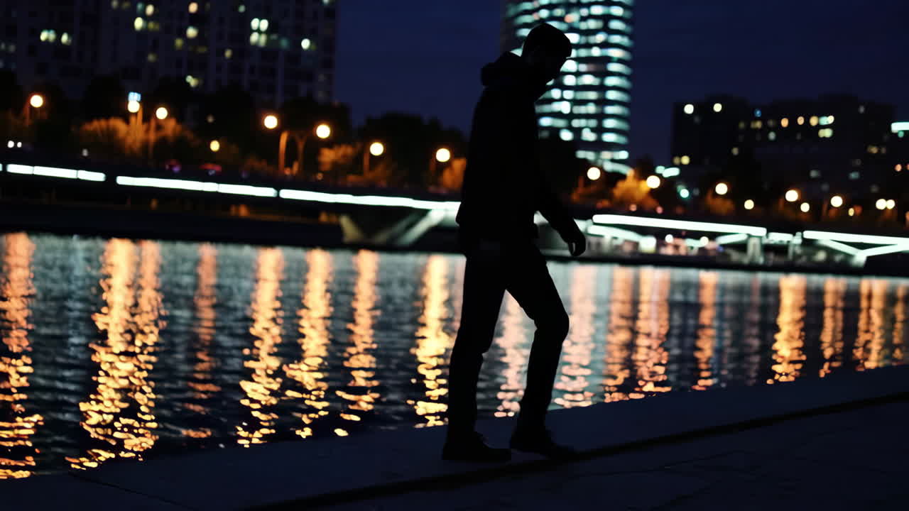 Silhouette of a Person Walking Along a River at Night in a City