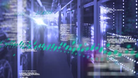 animación del procesamiento de datos y punto de luz contra la sala de servidores de computadoras