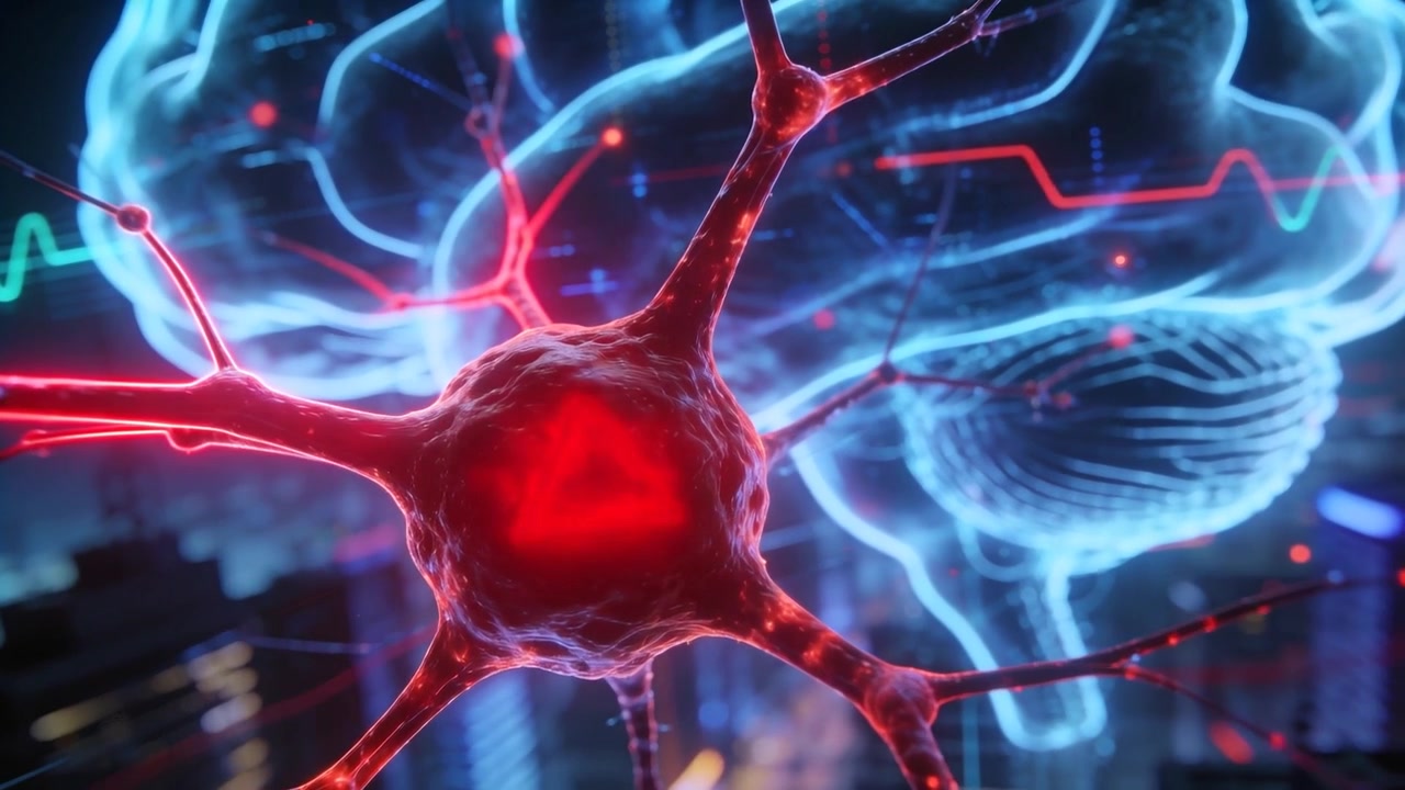 Zooming camera moving red neuron forward in studio, showing activation with triangle pulsing