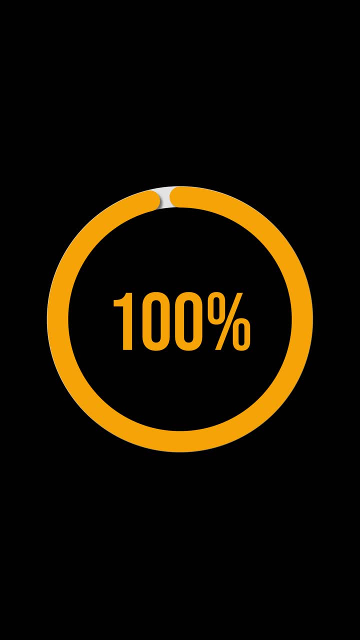 Barre di progresso circolari che incrementano dal 16% al 100% in 8 secondi, con transizioni fluide e vivaci accenti arancioni
