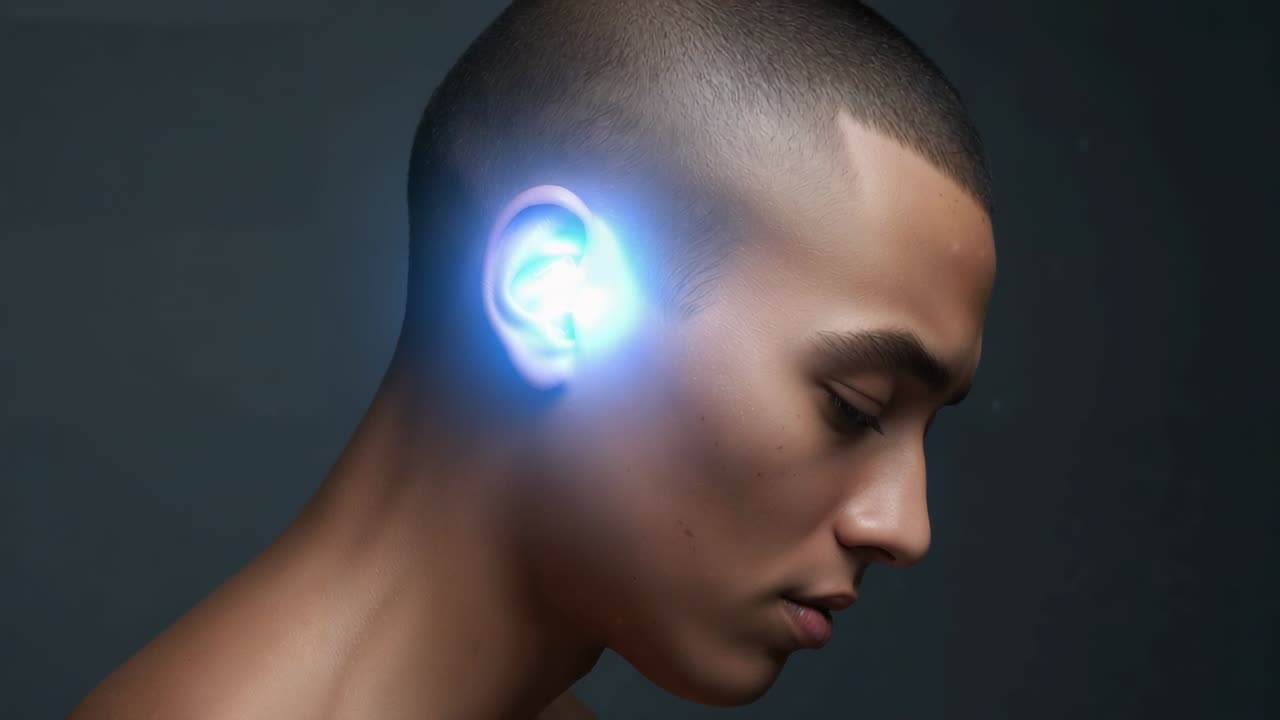 Un uomo a spalle scoperte con un impianto auricolare blu pulsante che tiene il profilo in studio per una demo, spazio per il testo