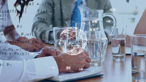 Animation of data processing and globe over diverse business people