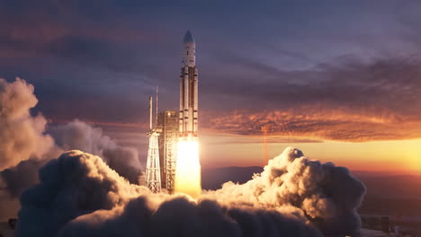 massive rocket launching at sunset