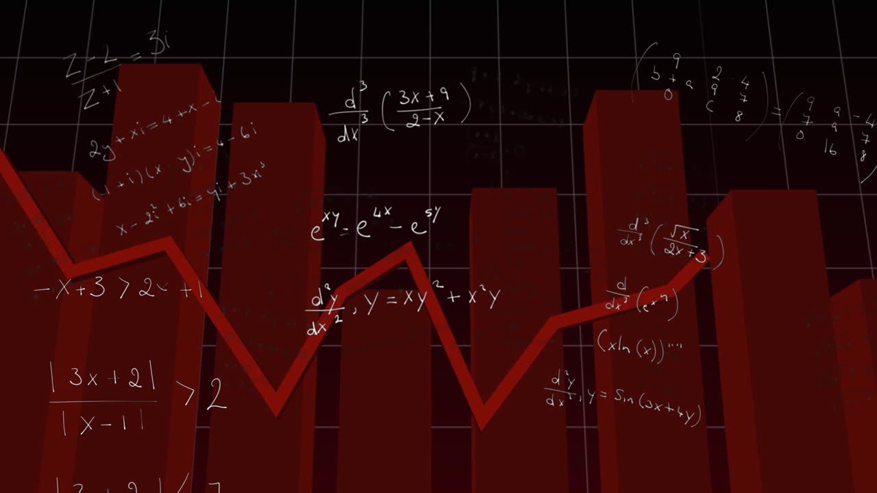 Animation of data processing with math equation and red graphs