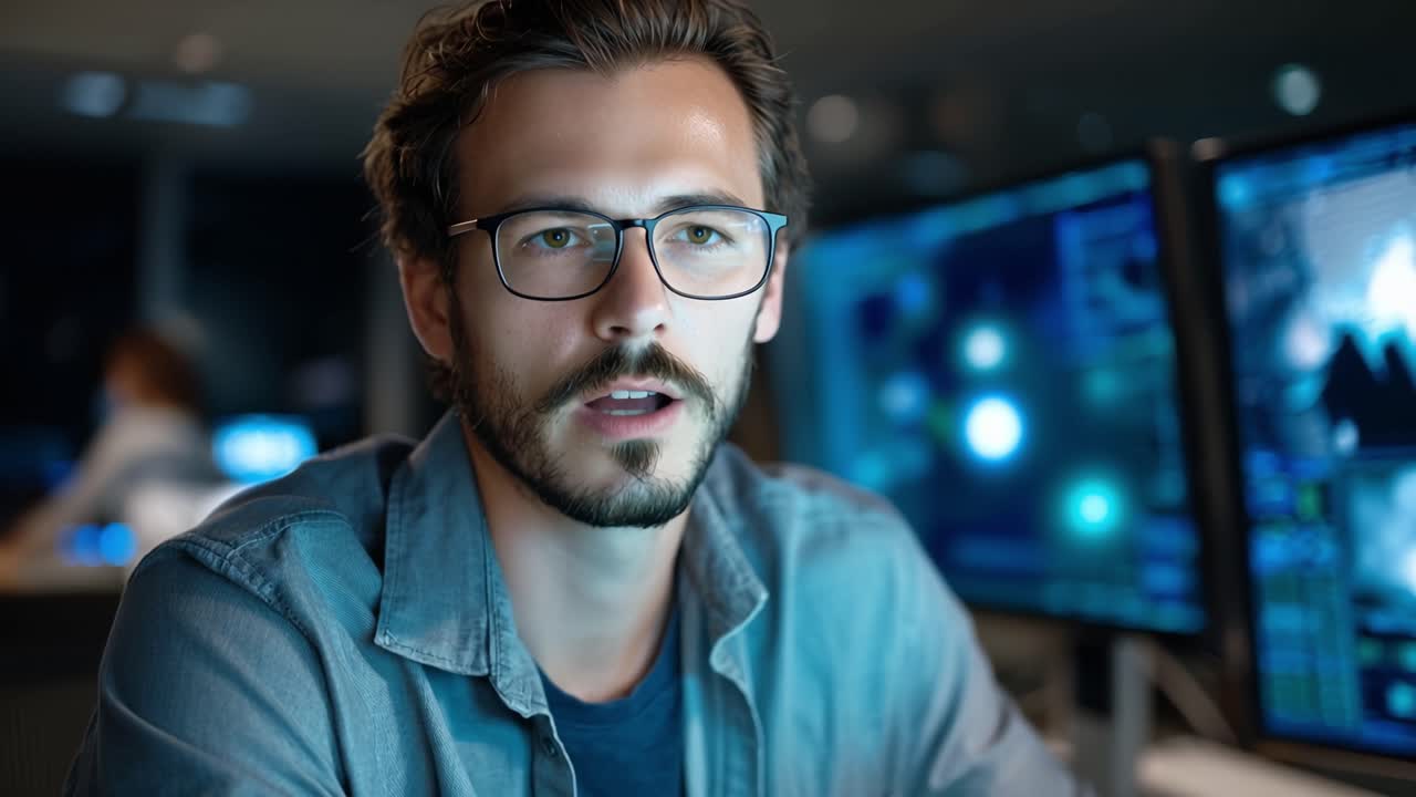 Soustředěný profesionál analyzující data na počítačových obrazovkách v moderním prostředí, symbolizující technologii a prozíravost s zamyšleným výrazem