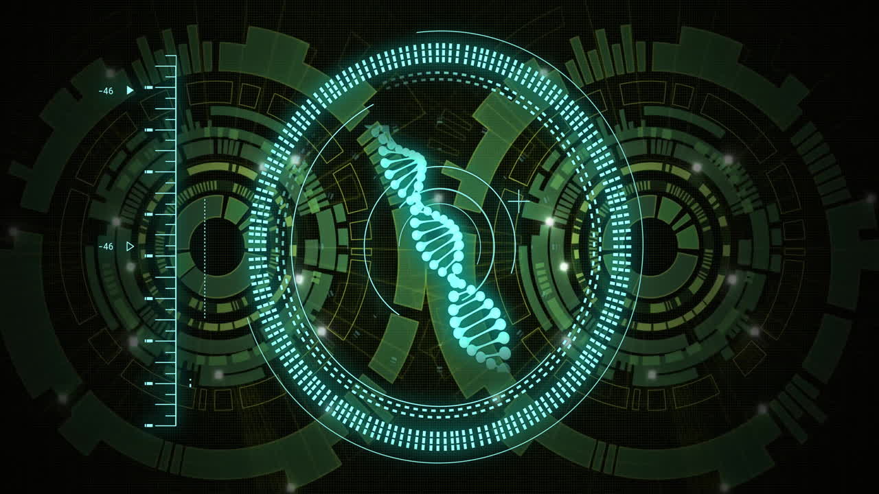 DNA strand and digital interface, scientific data processing animation