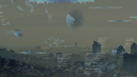 animation of data processing against aerial view of cityscape