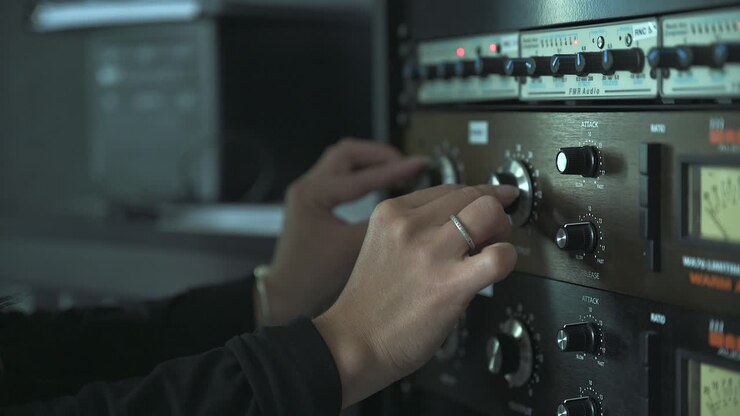 Conduttrice radiofonica che regola le impostazioni sulla console del mixer