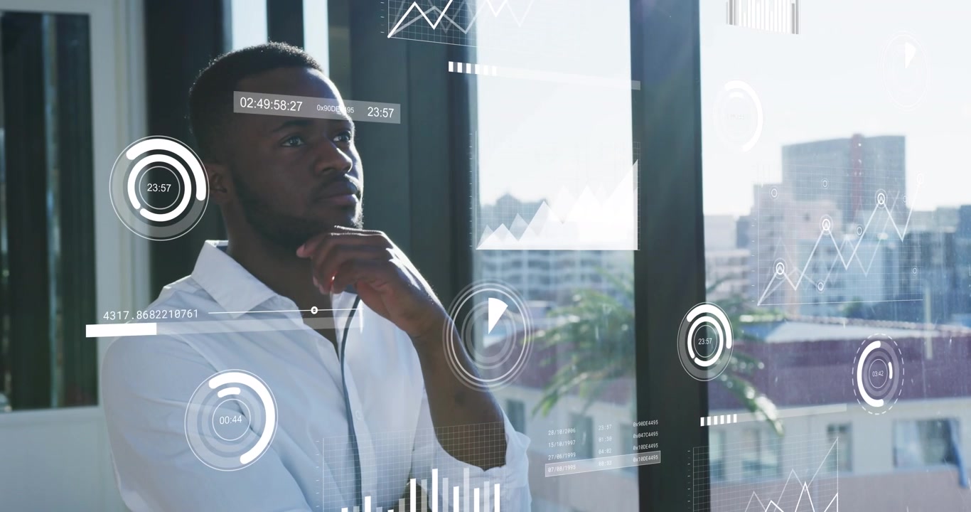 Animation of graphs, changing numbers, loading circles and bars, thoughtful african american man