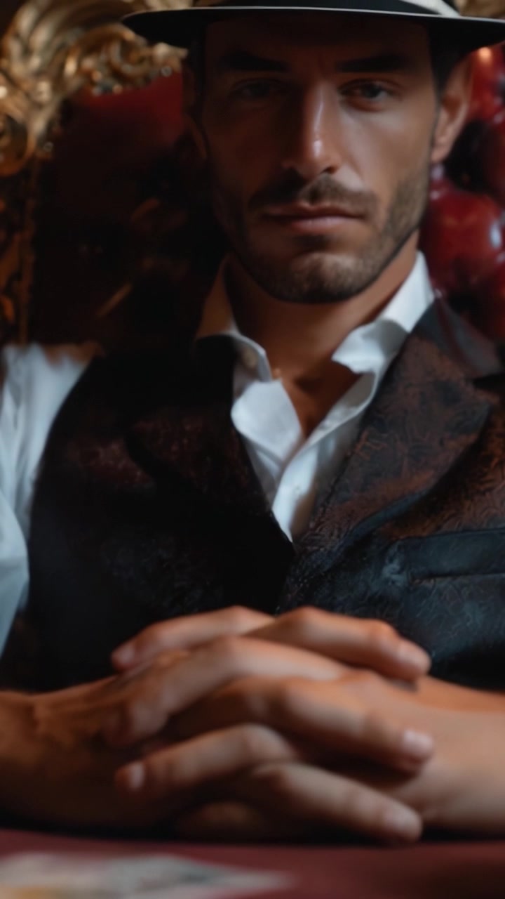 A Mysterious Gentleman in a Lavish Setting, Deep in Thought with a Confident Gesture, Creating Intrigue and Suspense in Two Captivating Frames