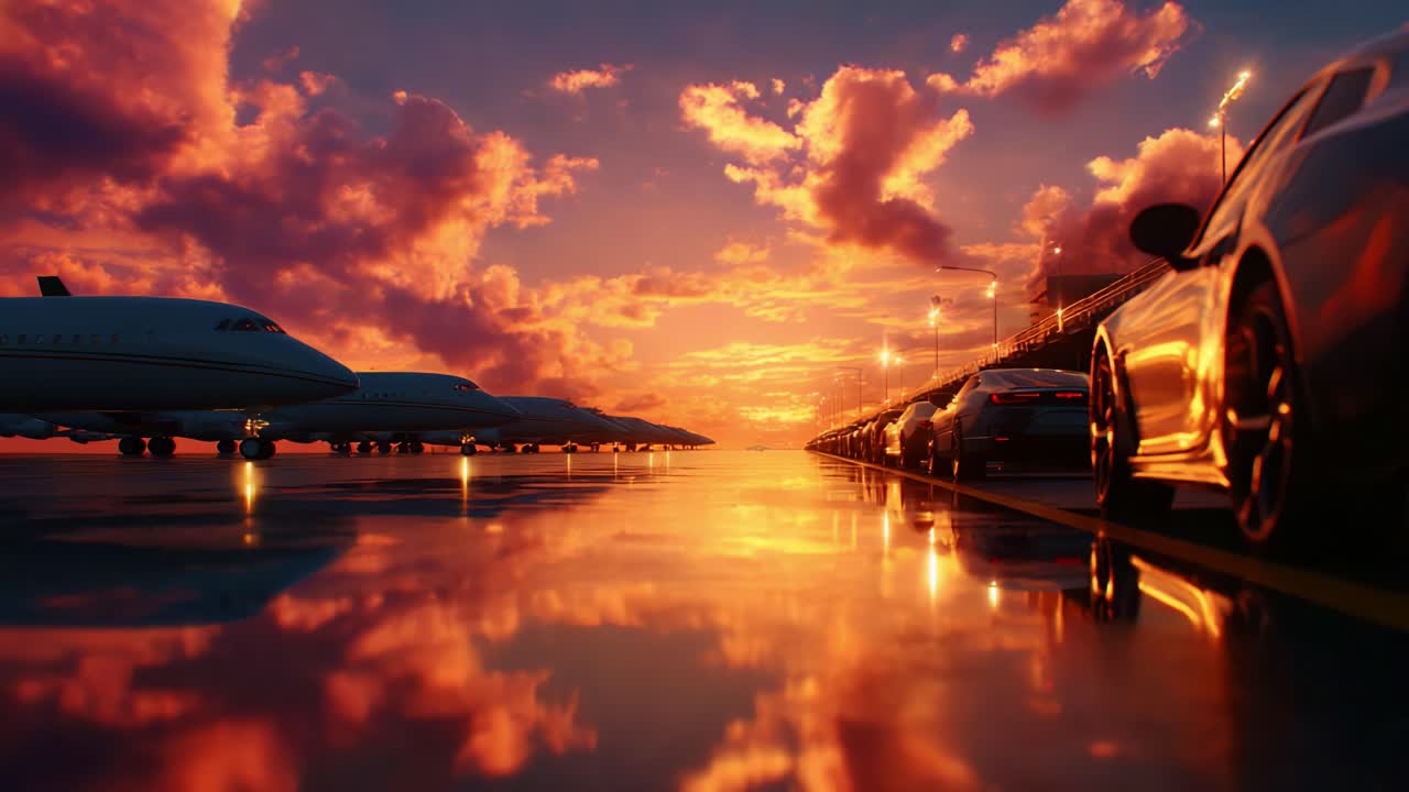 Captivating Sunset Over an Airstrip with Luxurious Cars and Business Jets Reflecting in a Puddle of Water, Illuminated by the Glowing Orange and Purple Skies that Create a Stunning Scenic View