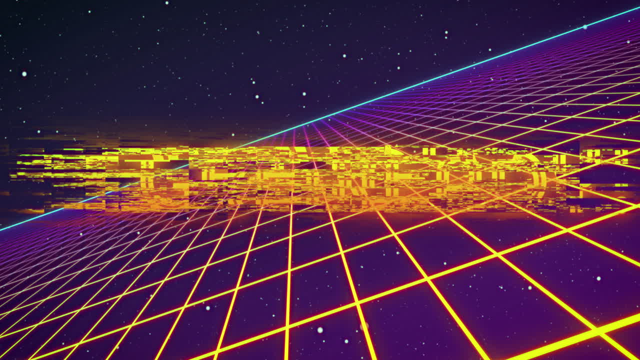 빛나는 노란색 그리드 위에 텍스트 위에 네온  ⁇ 박이는 게임의 애니메이션