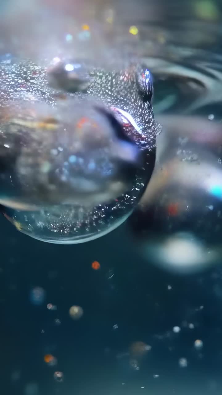 Video verticale: bolla crescente in una vasca formata da minuscole bolle che intrappolano glitter verso la superficie