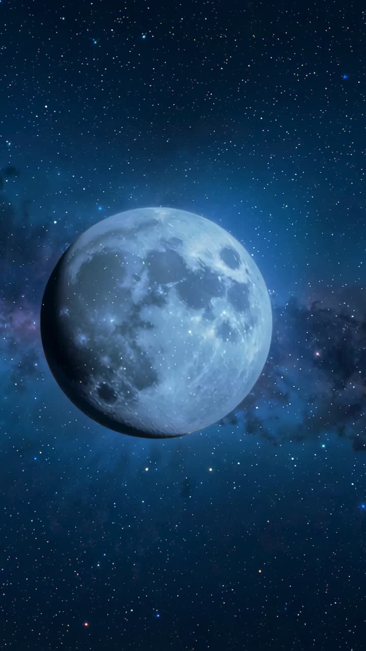 Vertical video: Starting zooming viewpoint moving toward Moon in space showing starfield and nebula