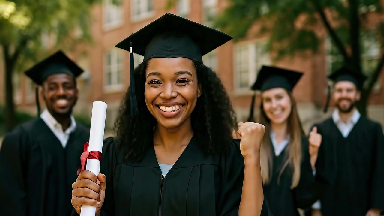Happy Graduate Holding Diploma Celebrating Success with Friends on Campus