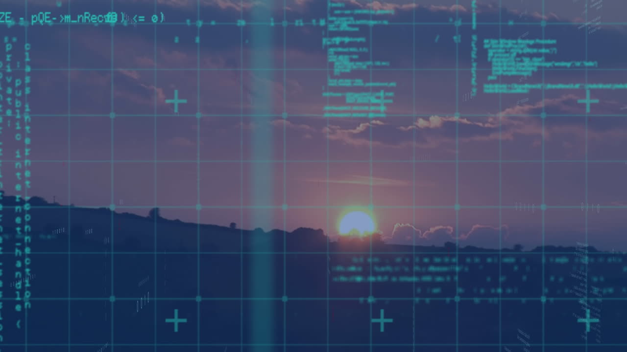 Animation of data processing over landscape with sunset