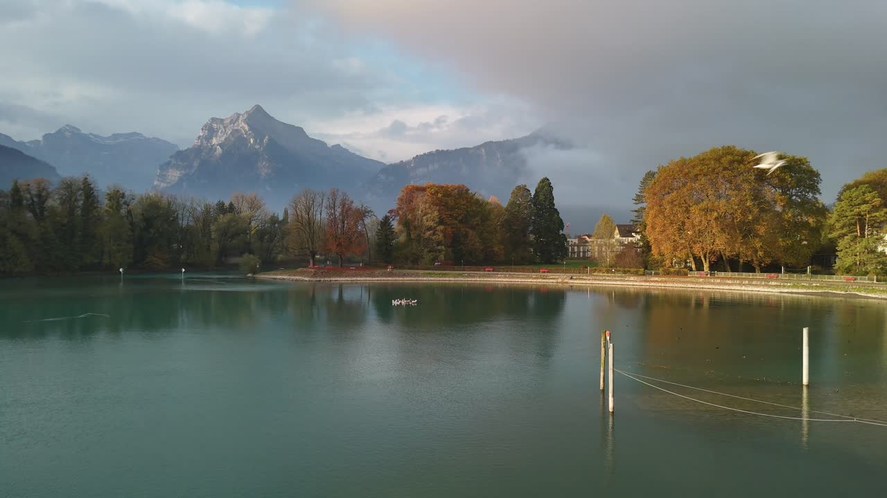 Switzerland Europe nature autumn landscape, aerial lake Walensee mountains skyline