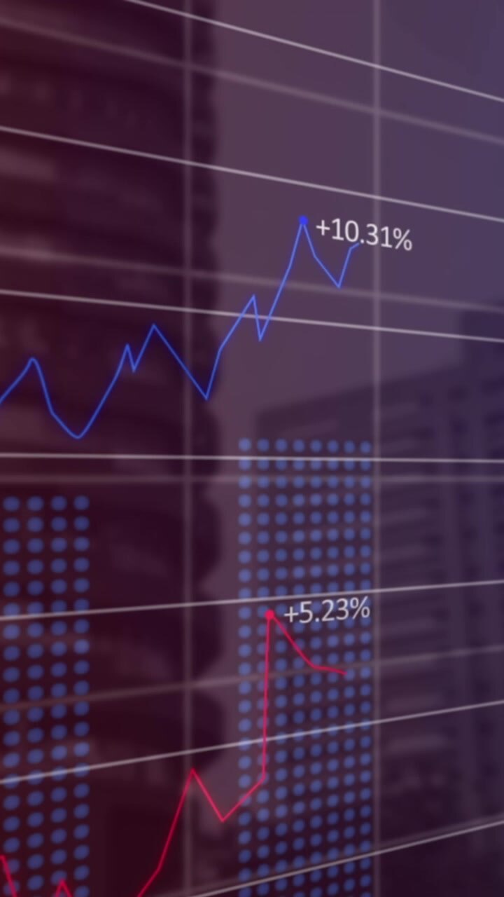 Financial data processing over grid network against tall buildings in background