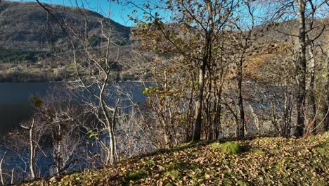 Osteroy-island-seen-from-old-Bergensbanen-decomissioned-railway-at-Hana,-Norway-handheld