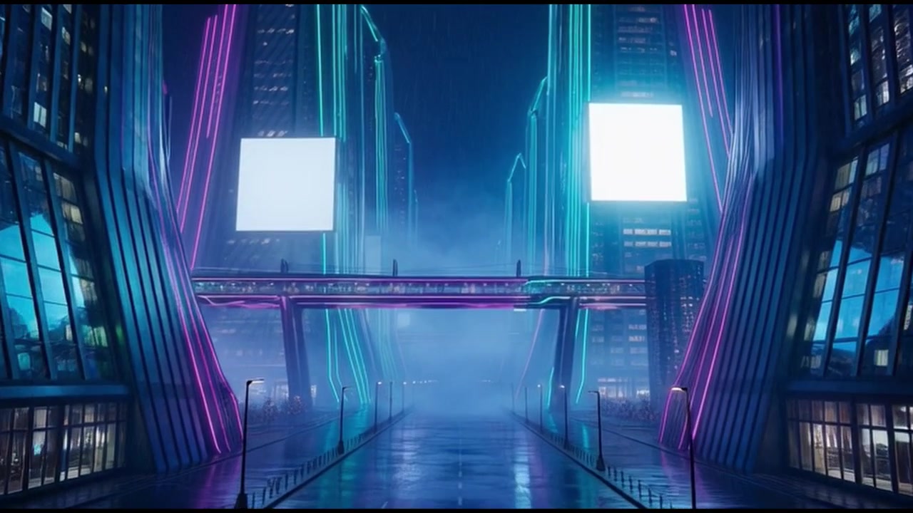 Strada futuristica della città di notte con luci al neon e pioggia