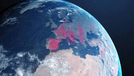 digital globe animation depicts global spread of covid-19, continents turning red.