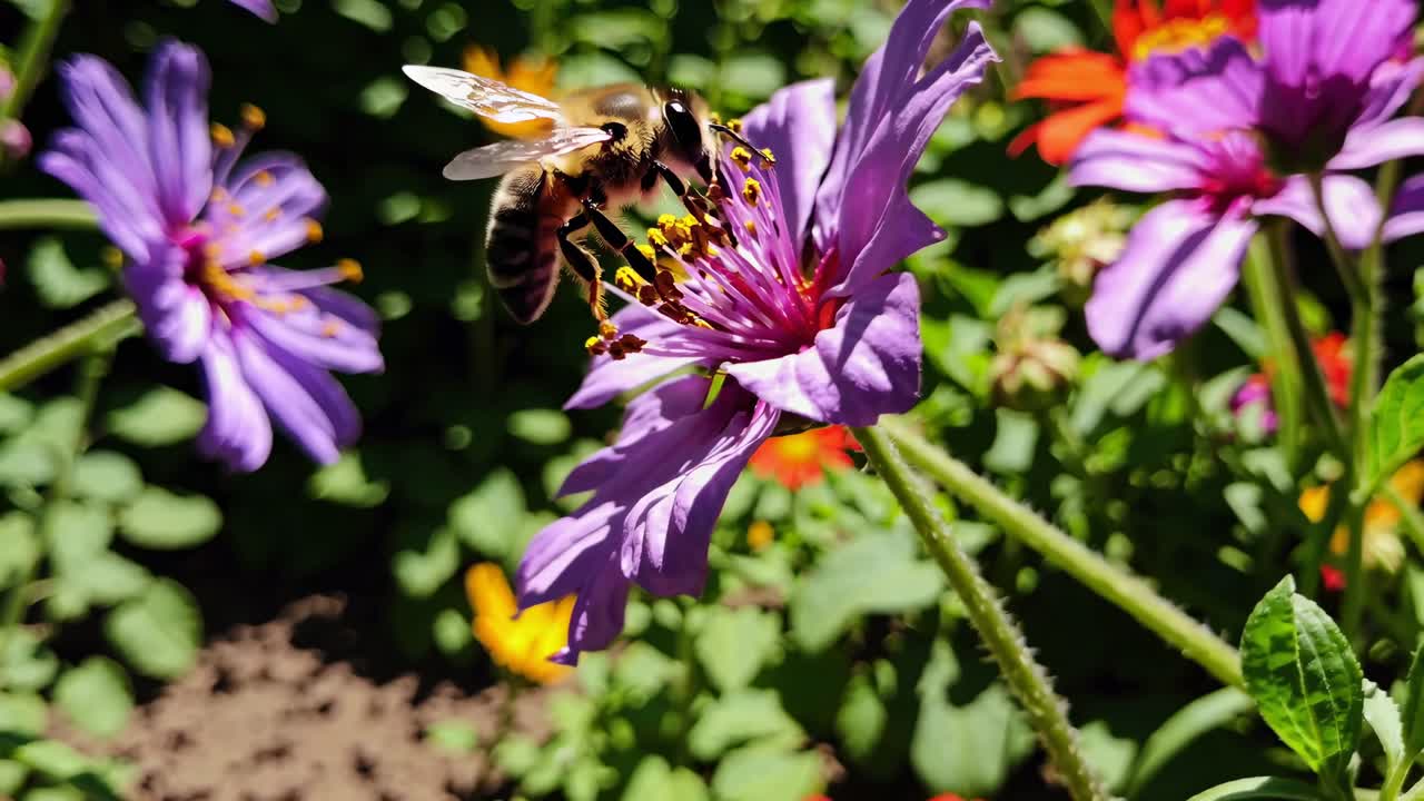 Close-up video of a bee on a purple flower, shot from a low angle