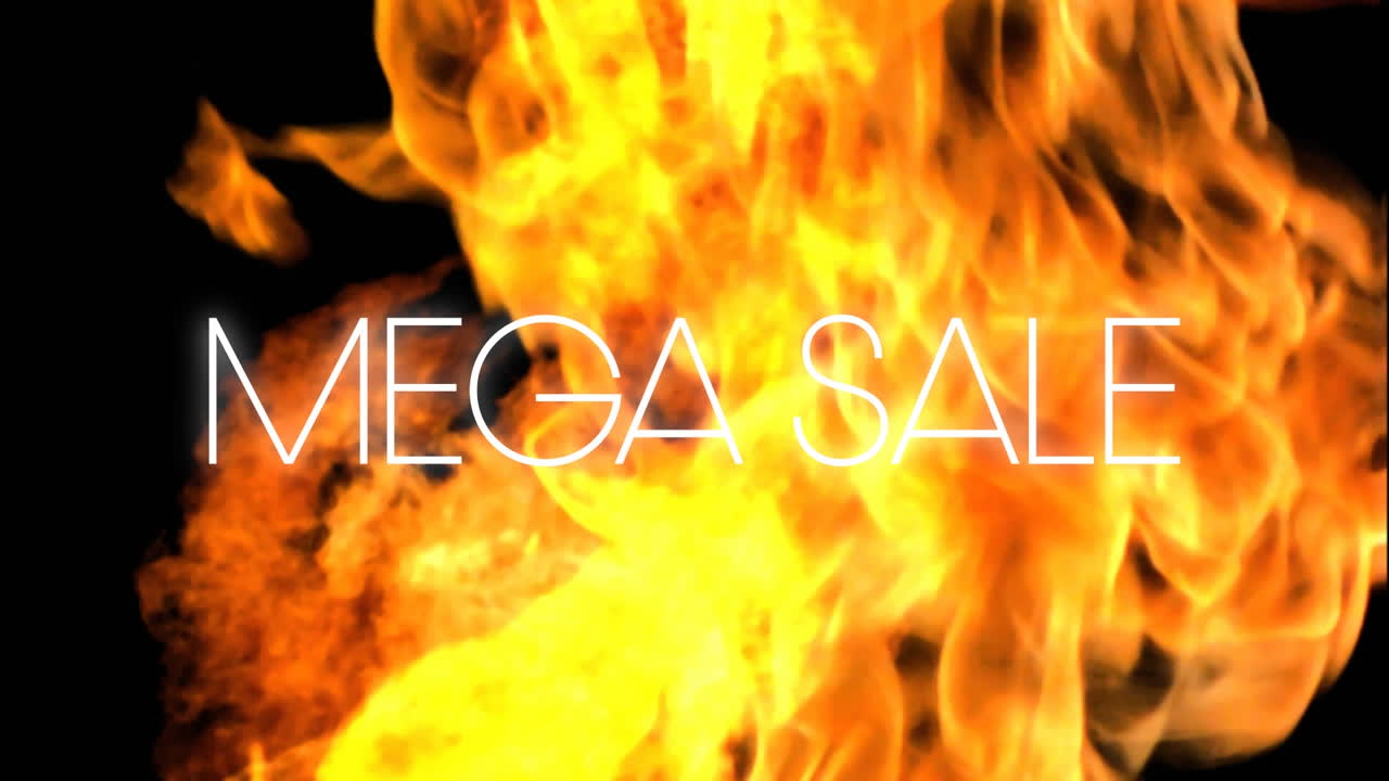 animación de mega venta en texto blanco sobre fuego sobre fondo negro