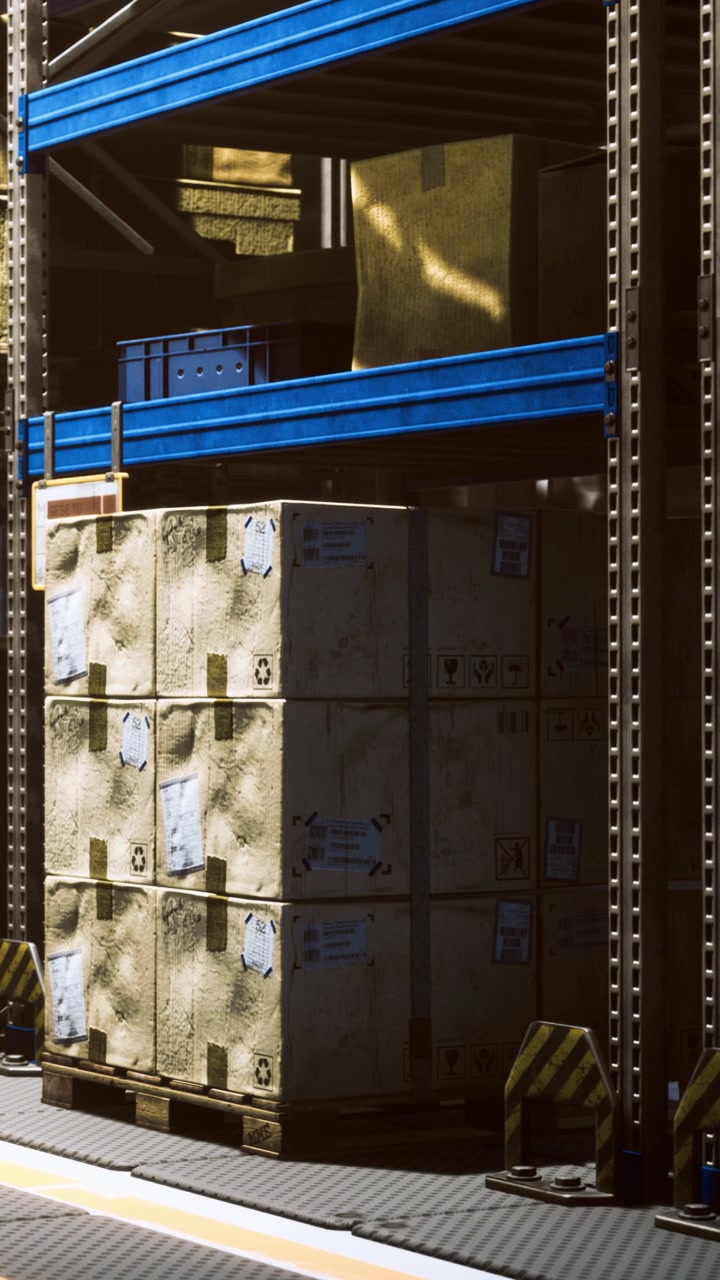 Storage area shows stacked boxes with labels in a warehouse setting
