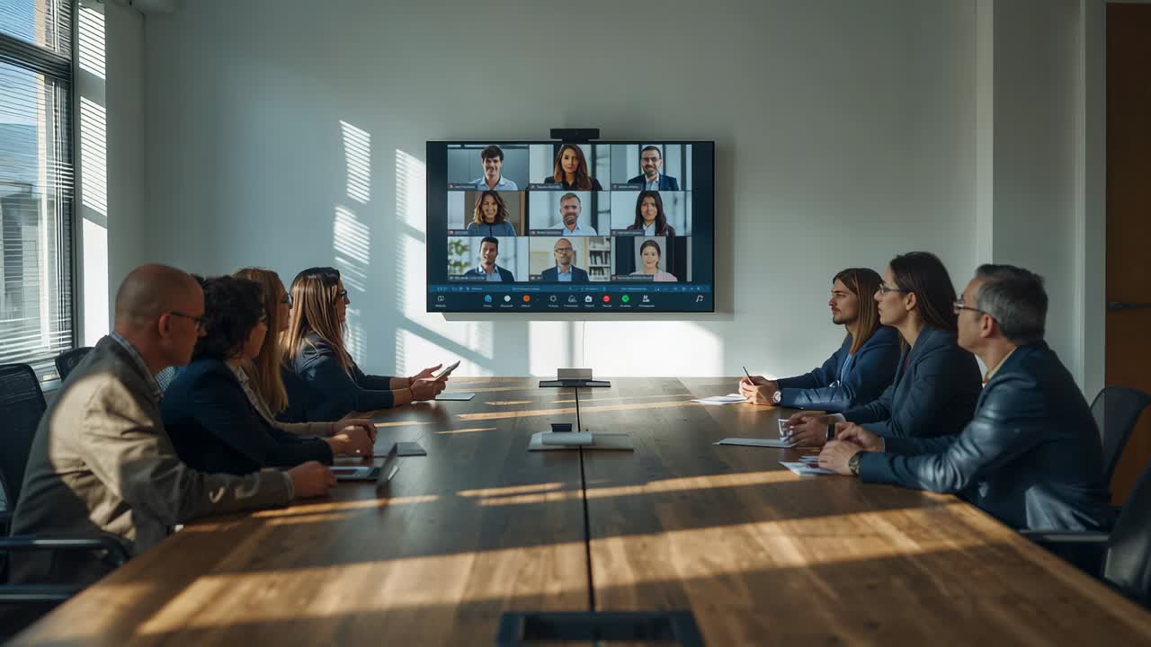 Remote gallery appearing, team in suits watching display at wooden table, using tablet for review
