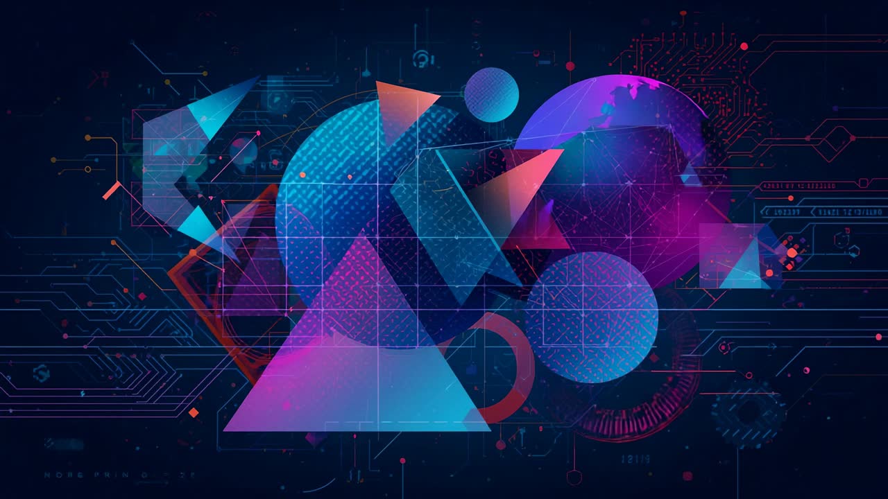 Frame seven initiating magenta globe rotating into view behind triangle, with neon circuit grid