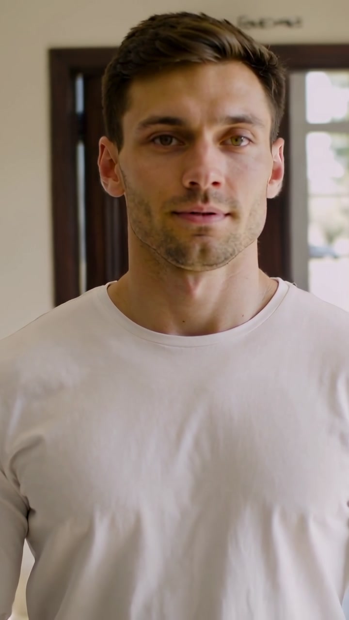 Vertical video: Recording adult man shifting gaze, closing eyes at home, wooden door and white tee