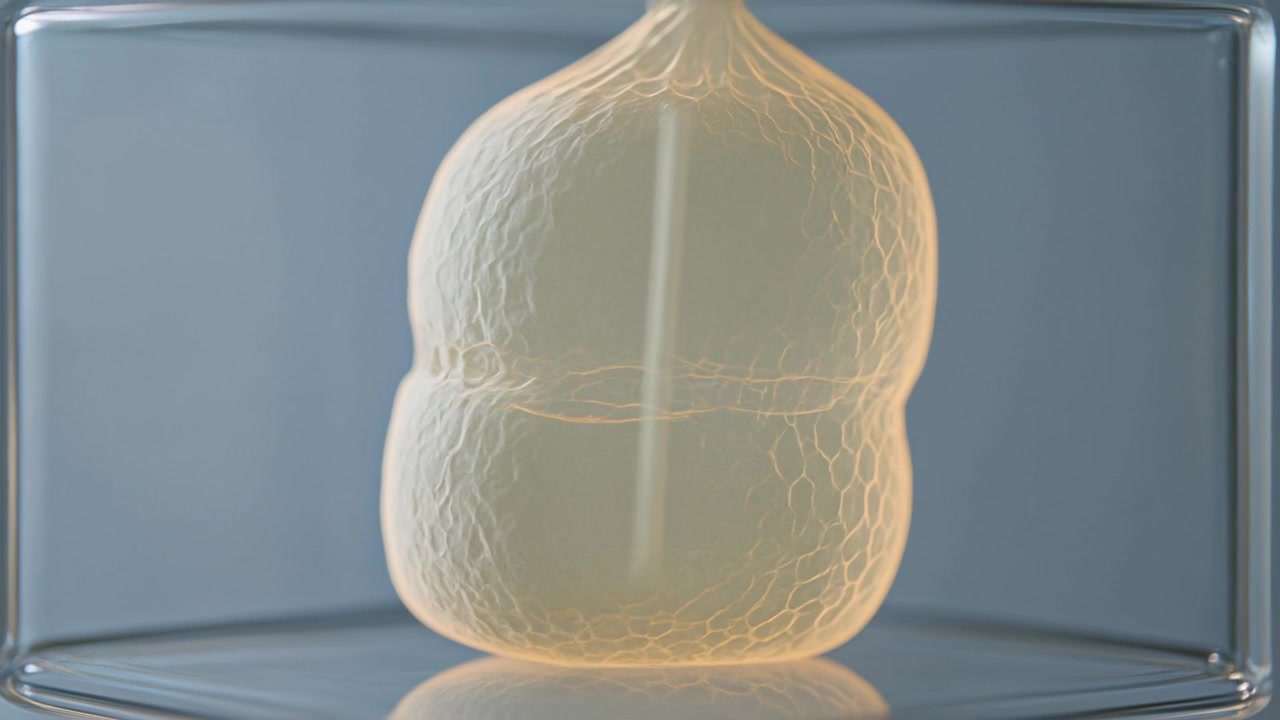 Forma lobata luminosa con venature a nido d'ape e illuminazione pulsante, all'interno di una teca da studio, su una base illuminata caldamente con un nucleo fioco.