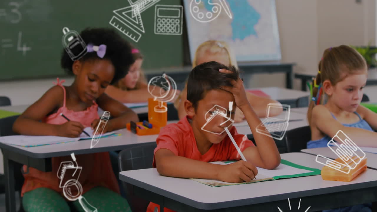Animation of school items icons over diverse schoolchildren learning in classroom