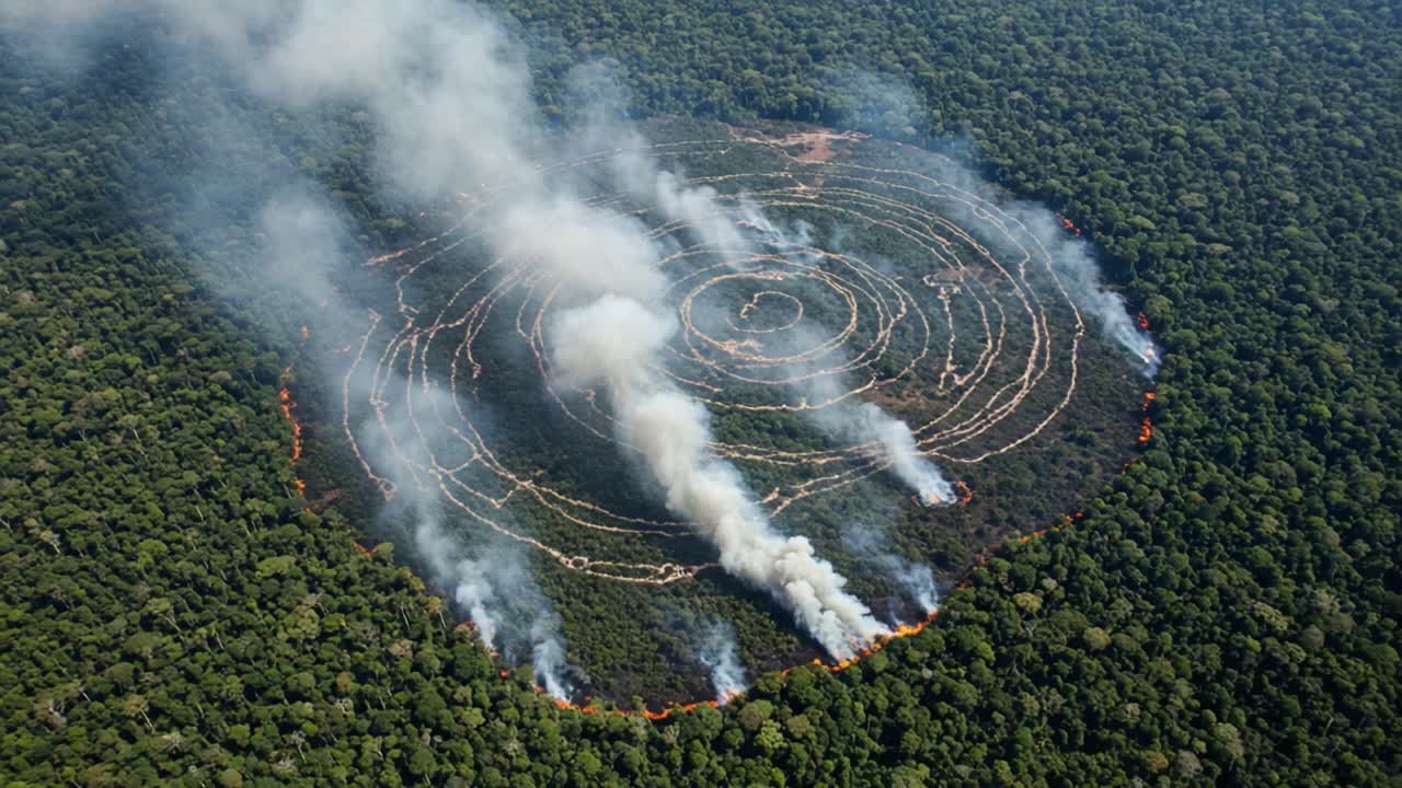 Aerial View of Circular Deforestation in a Dense Forest, Showcasing Spiraling Burn Patterns with Thick Smoke Emitting from the Center, Illustrating Environmental Impact