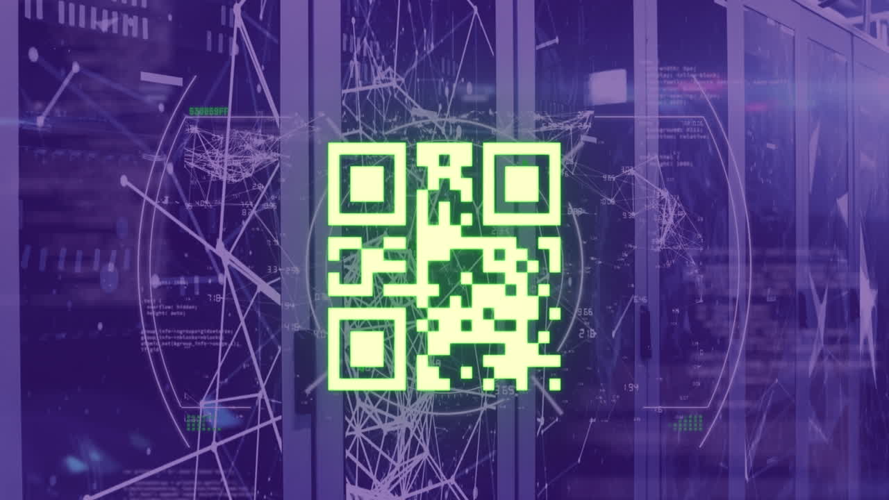 Animation of scope scanning over neon qr code scanner and plexus networks against server room
