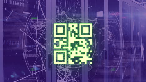 animation of scope scanning over neon qr code scanner and plexus networks against server room