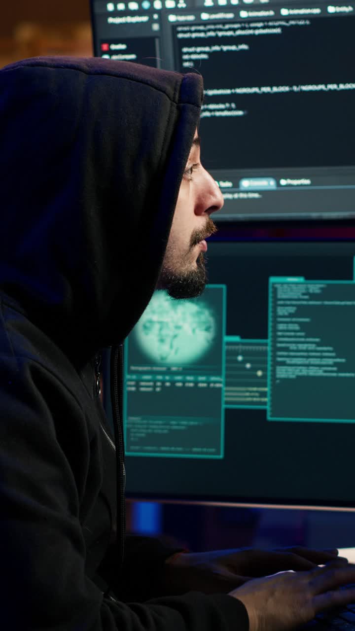 Vertikal video. Hacker bruger pc til at stjæle data og gå efter sikkerhedssystemer med sikkerhedshuller