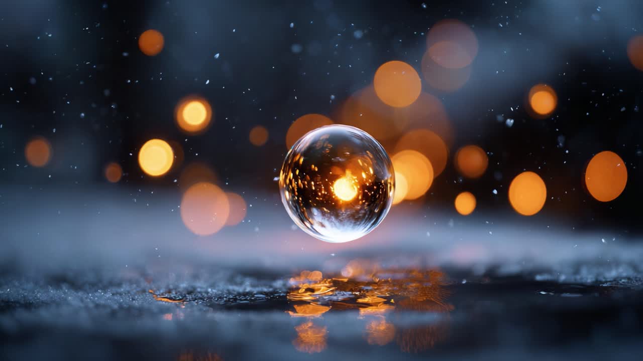 Glowing Bubble in a Mystical Setting with Blurry Lights and Snowflakes, Captivating the Beauty of Nature's Artistry in a Dreamlike Atmosphere