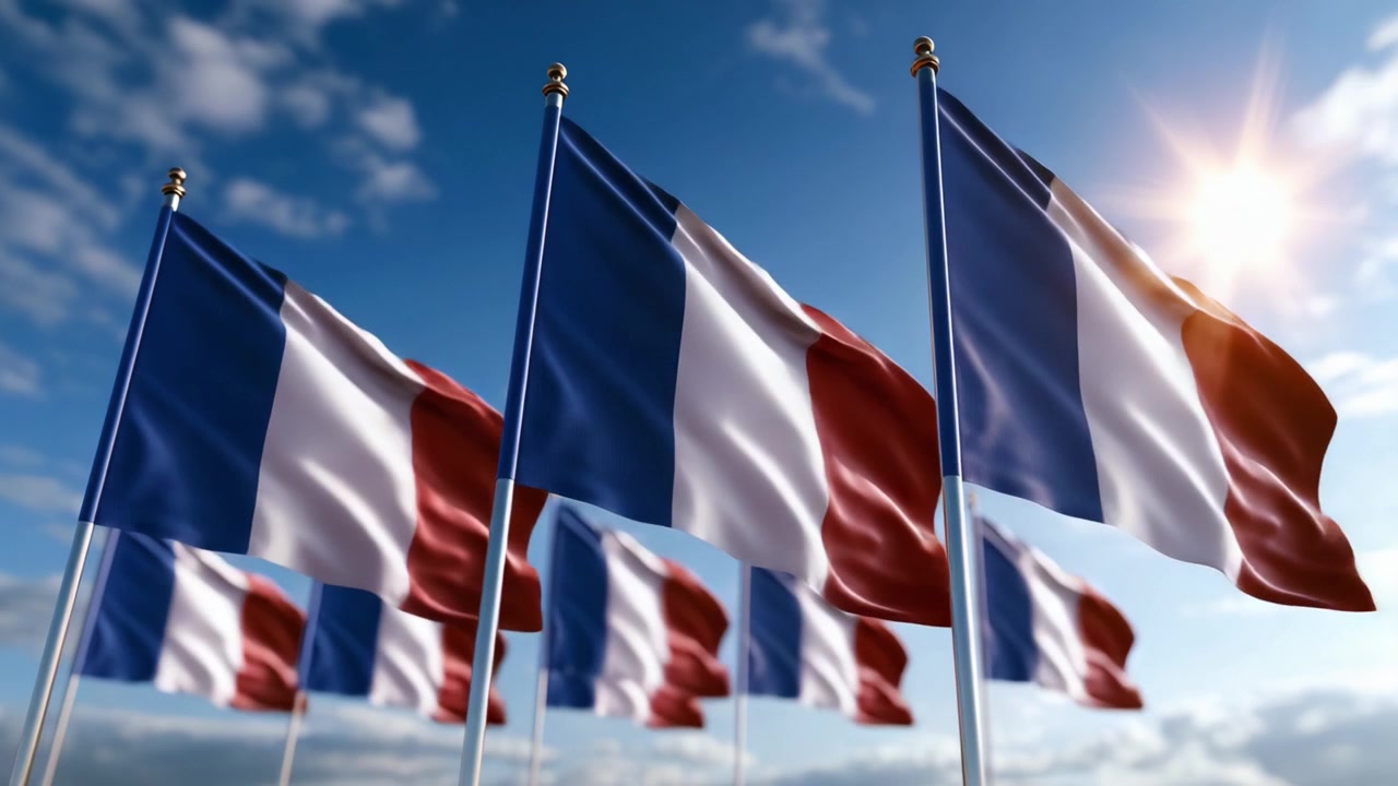A Stunning Display of French Flags Waving in the Breeze Against a Bright Sky, Symbolizing National Pride and Unity in a Vibrant Scene of Patriotism