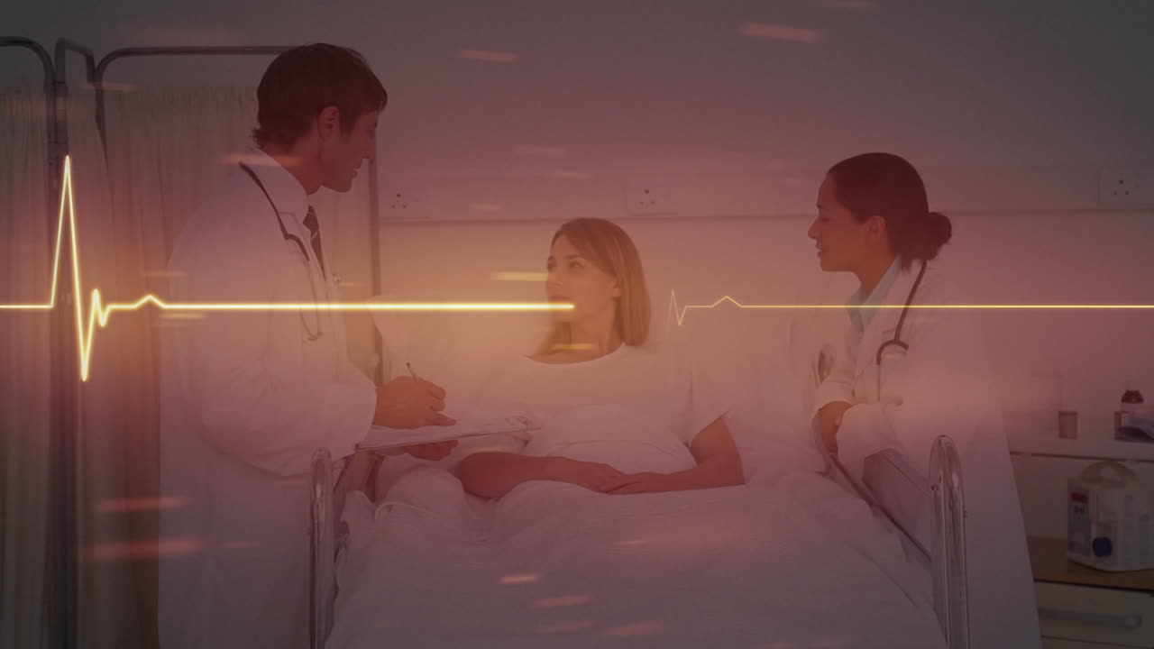 다양한 남녀 의사들이 여성 환자와 대화하는 심장 박동 모니터의 애니메이션