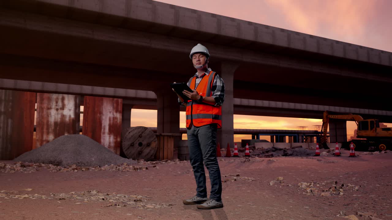 Full Body Side View Of Asian Male Engineer With Safety Helmet Taking Note On The Tablet And Looking Around While Standing At The Site of Highway Construction