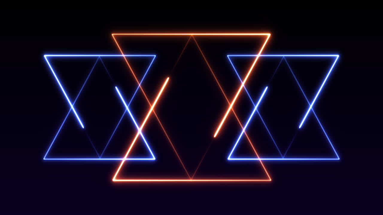 animación de triángulos azul neón y naranja brillantes que se mueven en un bucle sin costuras sobre un fondo negro