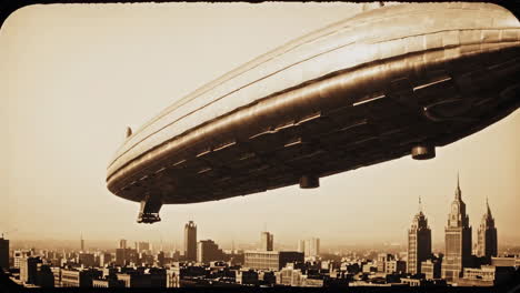 vintage airship over a city