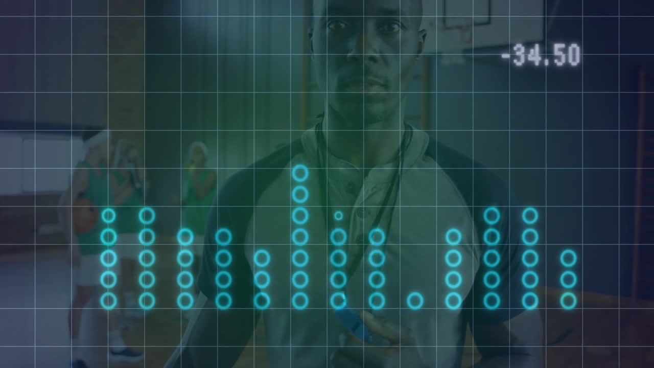 Male coach holding whistle guiding female players on basketball court, showing sports data overlay