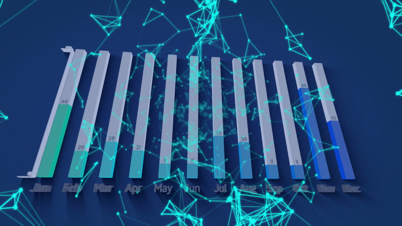 Animation of bar graph with digital network connections overlaying monthly data