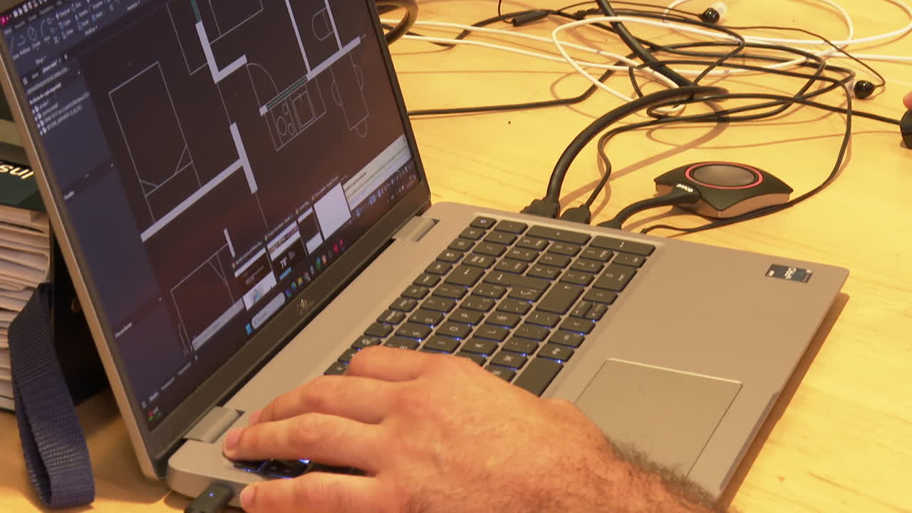 Person working on a floor plan design on a laptop