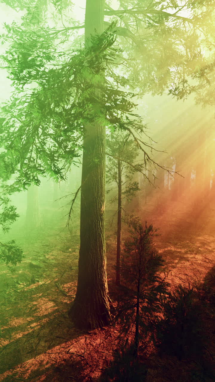 rayos de sol brillando a través del bosque de niebla