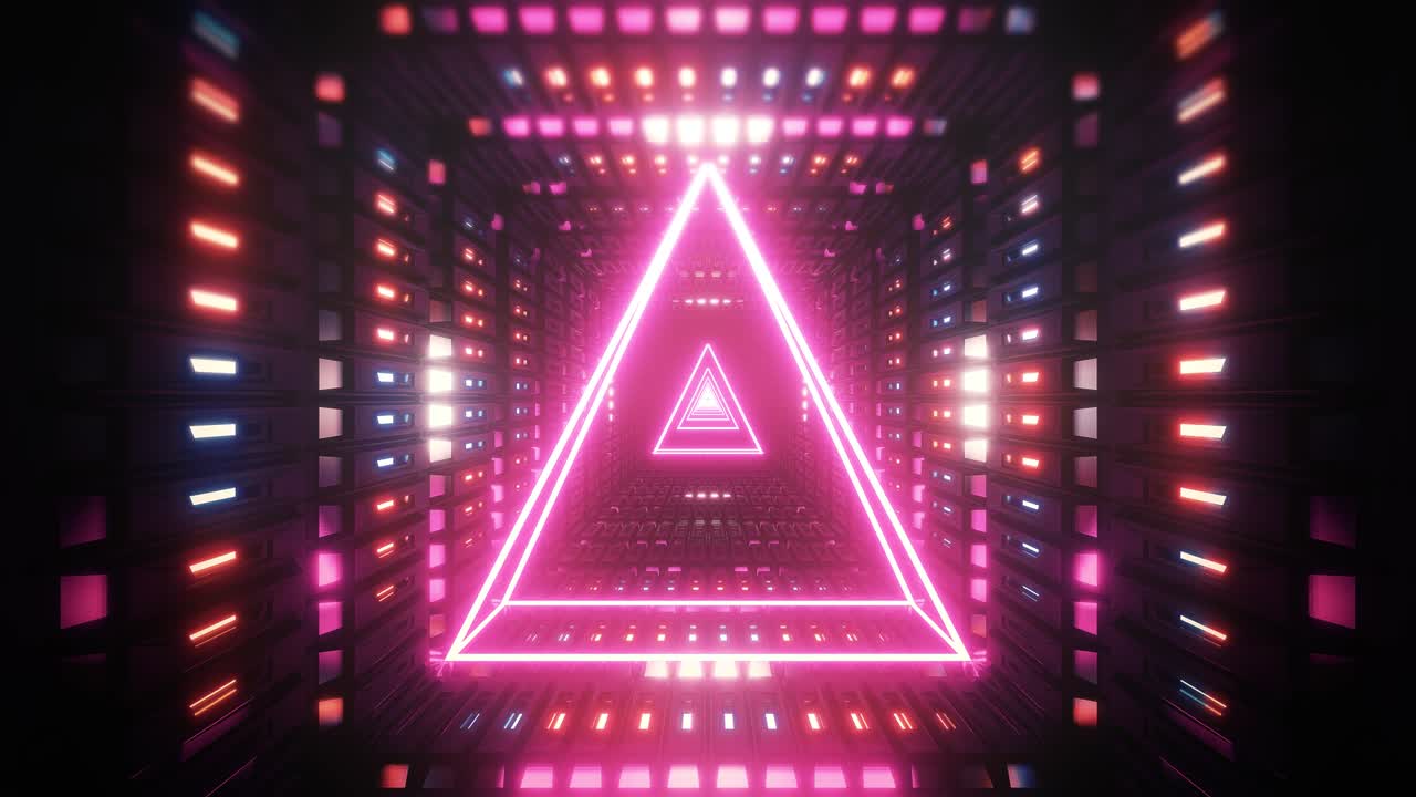 Segitiga wireframe bercahaya dengan latar belakang logam berkilau, ilustrasi 3D, loop VJ, pengulangan tanpa akhir
