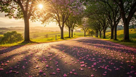 breathtaking sunrise: a scenic view of petal-strewn path and lush green fields illuminated by the golden sunlight filtering through blossoming trees